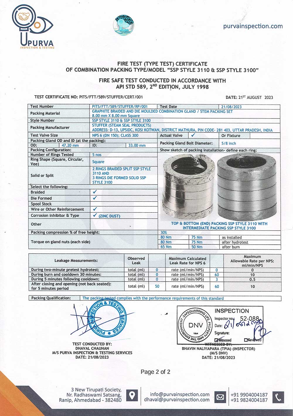 Fire test certificate